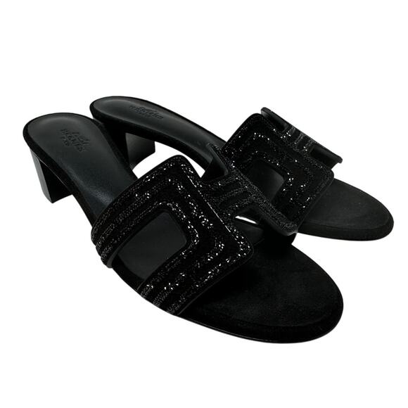 Hermes Oasis Block Heel Sandals Womens 37 US 6.5 Black Suede Arcane Rhinestone - Picture 1 of 10